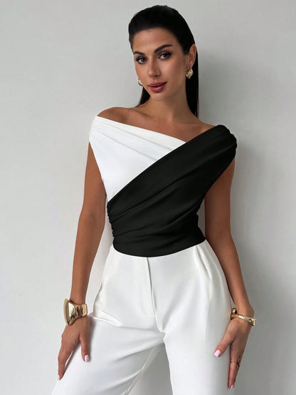 Firerie Women's Elegant Summer White And Blue Sleeveless Crop Top,Formal Minimalist Chic Asymmetric Ruffle Hem Contrast Color,Daily Commute Music Festival
