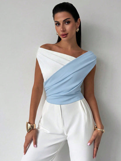 Firerie Women's Elegant Summer White And Blue Sleeveless Crop Top,Formal Minimalist Chic Asymmetric Ruffle Hem Contrast Color,Daily Commute Music Festival