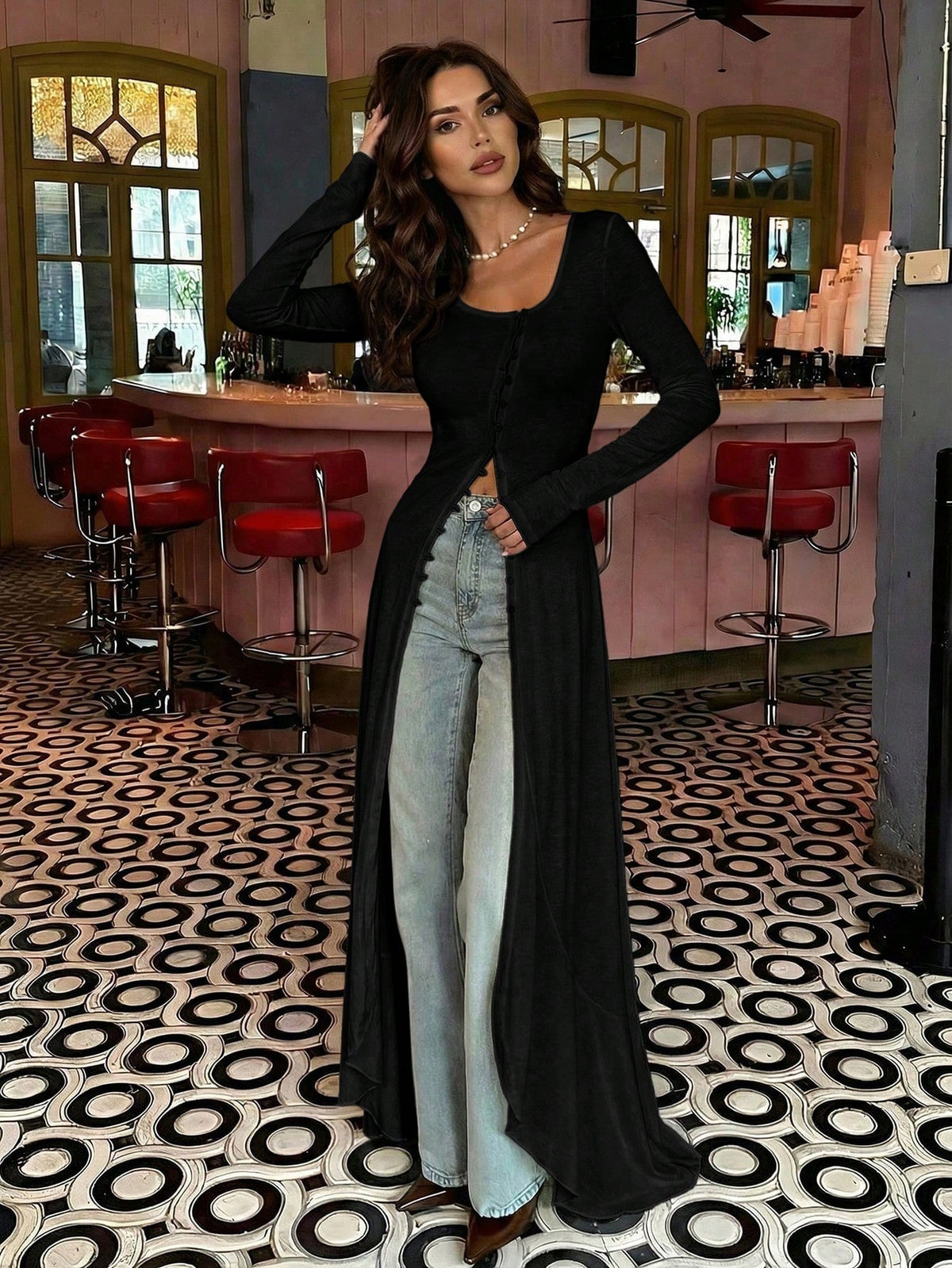 Firerie Women's Solid Color Minimalist Sexy Daily Wear Split Hem Long Sleeve T-Shirt Night Out Black Autumn