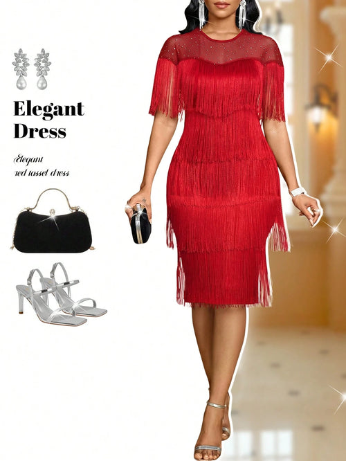 Fleurora Women Plus Size Red Cocktail Party Night Birthday Bar Party Dress With Fringe Detail Round Neck Short Sleeve Dresses Summer Elegant