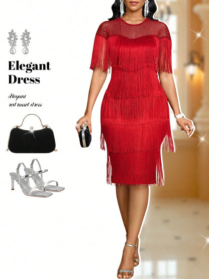 Fleurora Women Plus Size Red Cocktail Party Night Birthday Bar Party Dress With Fringe Detail Round Neck Short Sleeve Dresses Summer Elegant