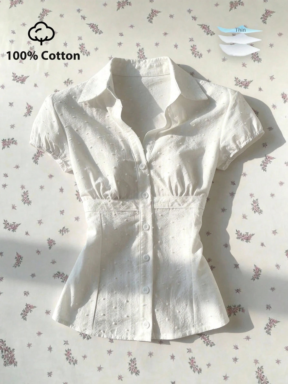 Flirla Elegant Women's White Woven Fabric Short Sleeve Shirt Casual Plain With Ruched Bust Detail