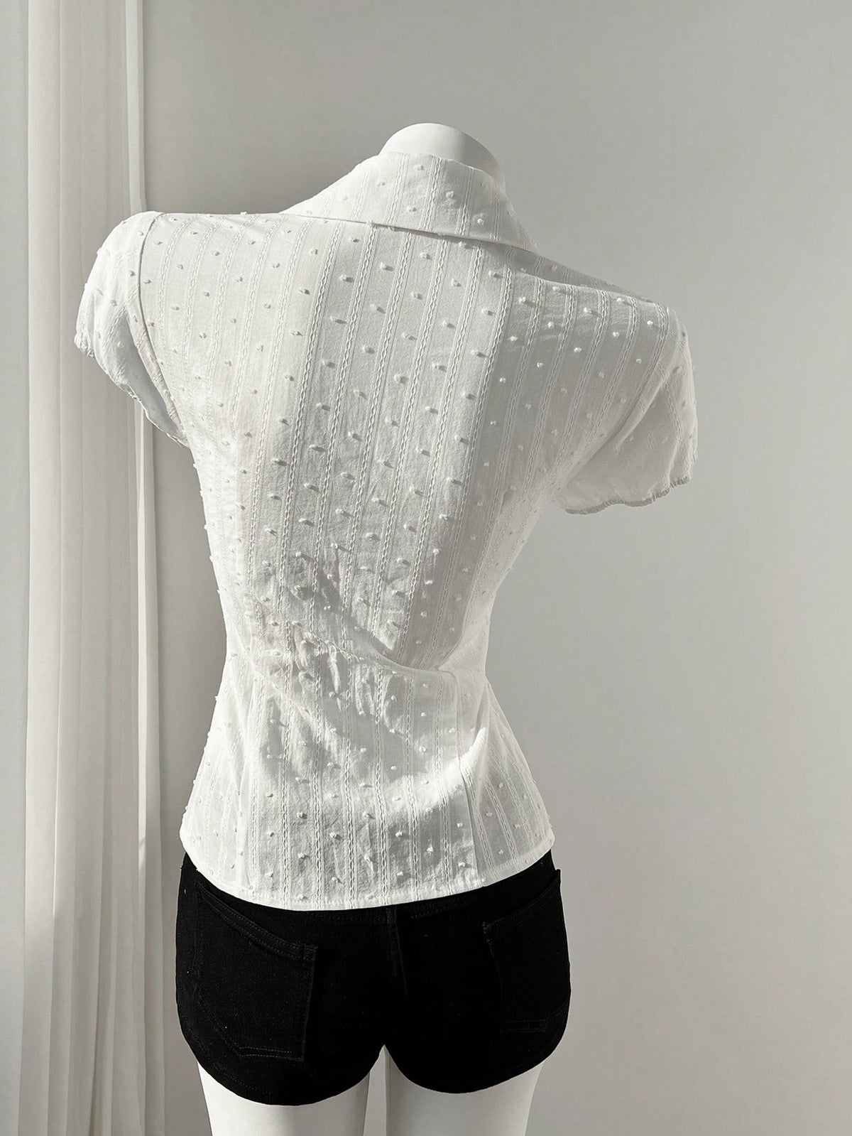 Flirla Elegant Women's White Woven Fabric Short Sleeve Shirt Casual Plain With Ruched Bust Detail