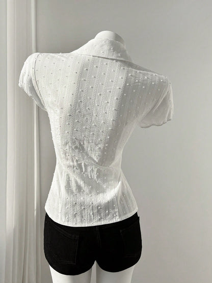 Flirla Elegant Women's White Woven Fabric Short Sleeve Shirt Casual Plain With Ruched Bust Detail