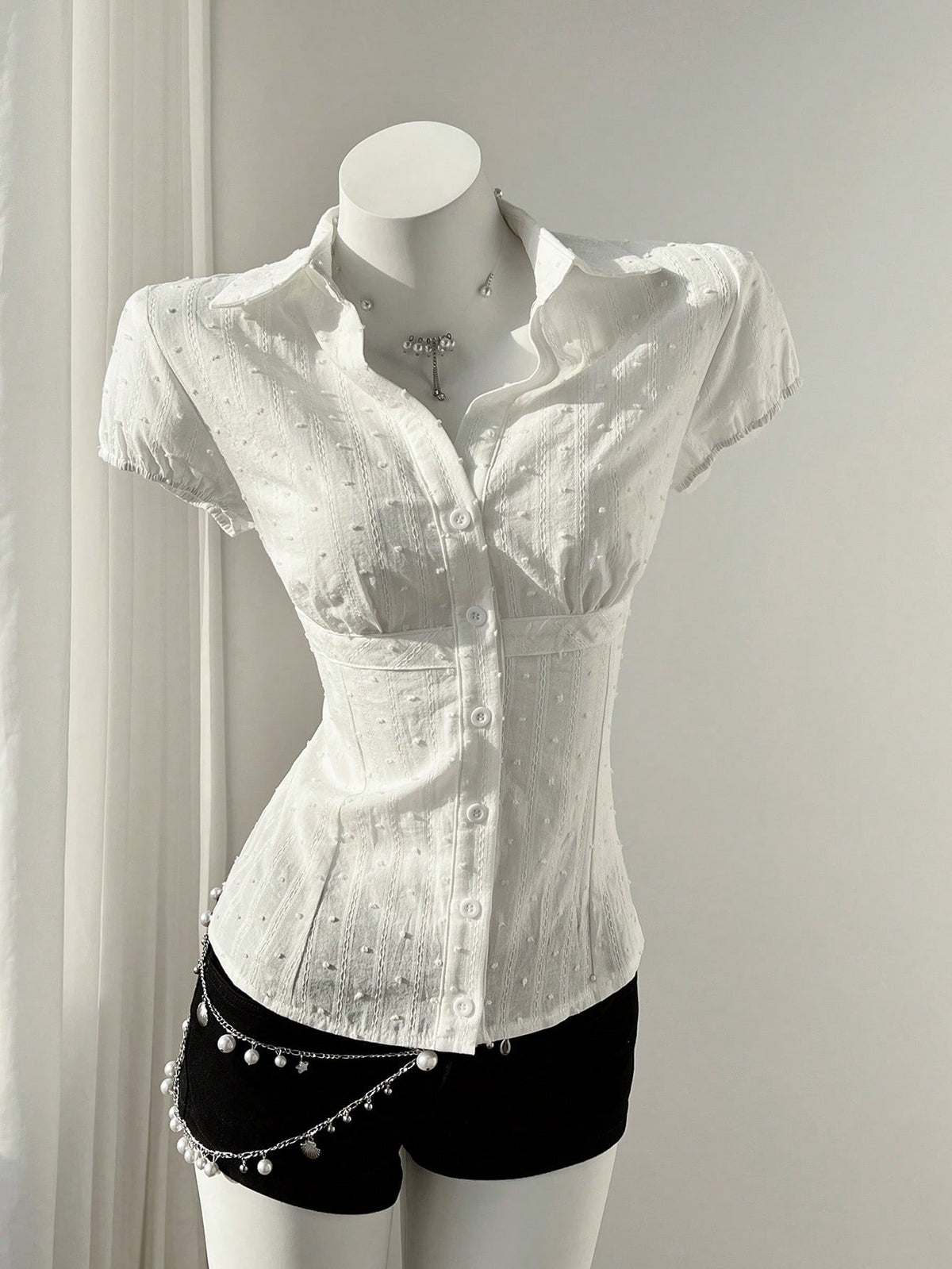 Flirla Elegant Women's White Woven Fabric Short Sleeve Shirt Casual Plain With Ruched Bust Detail