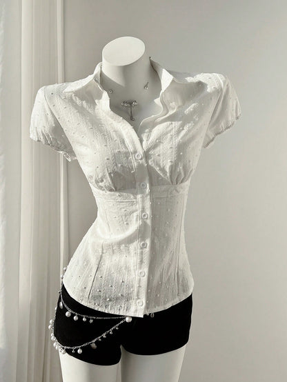 Flirla Elegant Women's White Woven Fabric Short Sleeve Shirt Casual Plain With Ruched Bust Detail