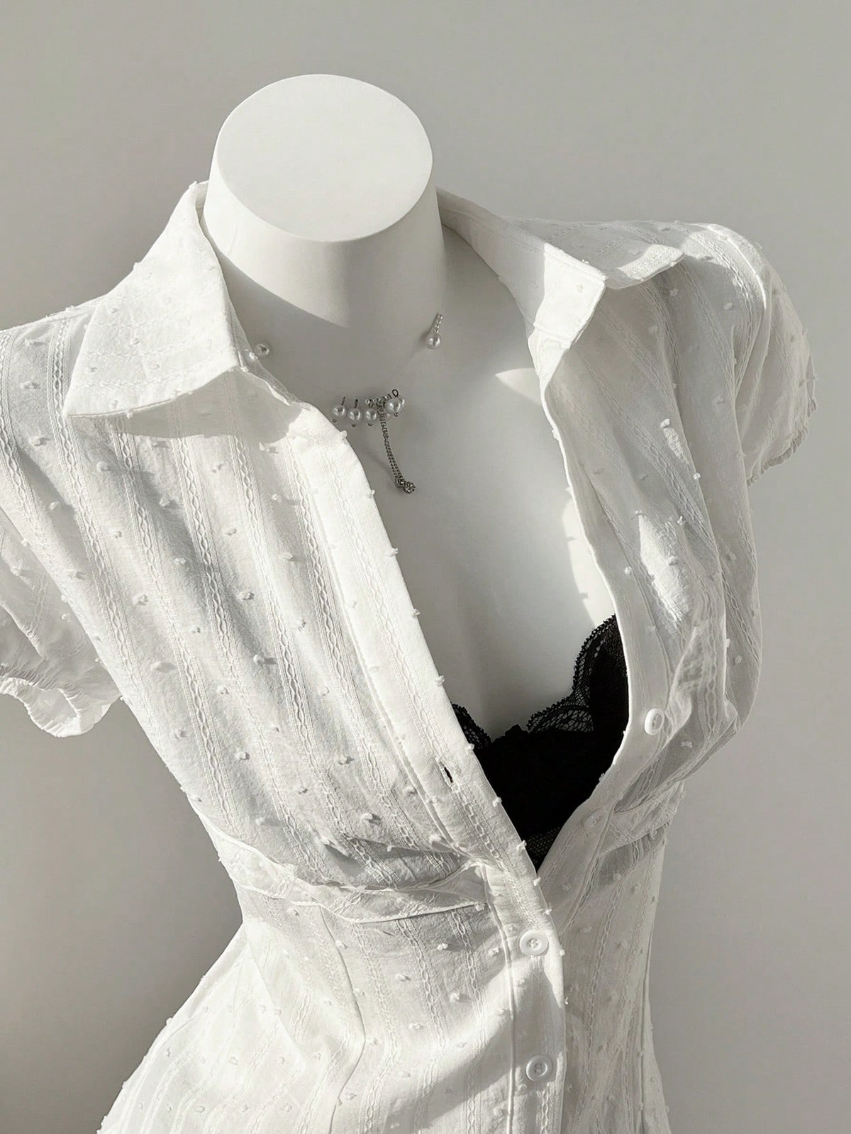Flirla Elegant Women's White Woven Fabric Short Sleeve Shirt Casual Plain With Ruched Bust Detail