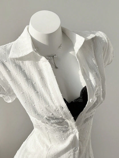 Flirla Elegant Women's White Woven Fabric Short Sleeve Shirt Casual Plain With Ruched Bust Detail