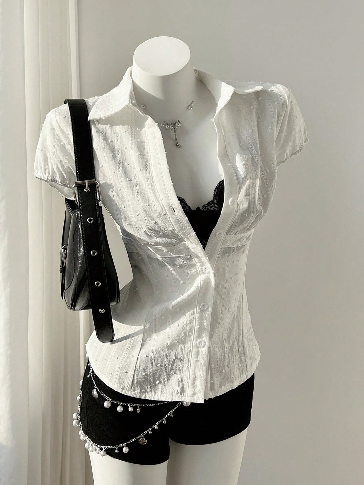 Flirla Elegant Women's White Woven Fabric Short Sleeve Shirt Casual Plain With Ruched Bust Detail