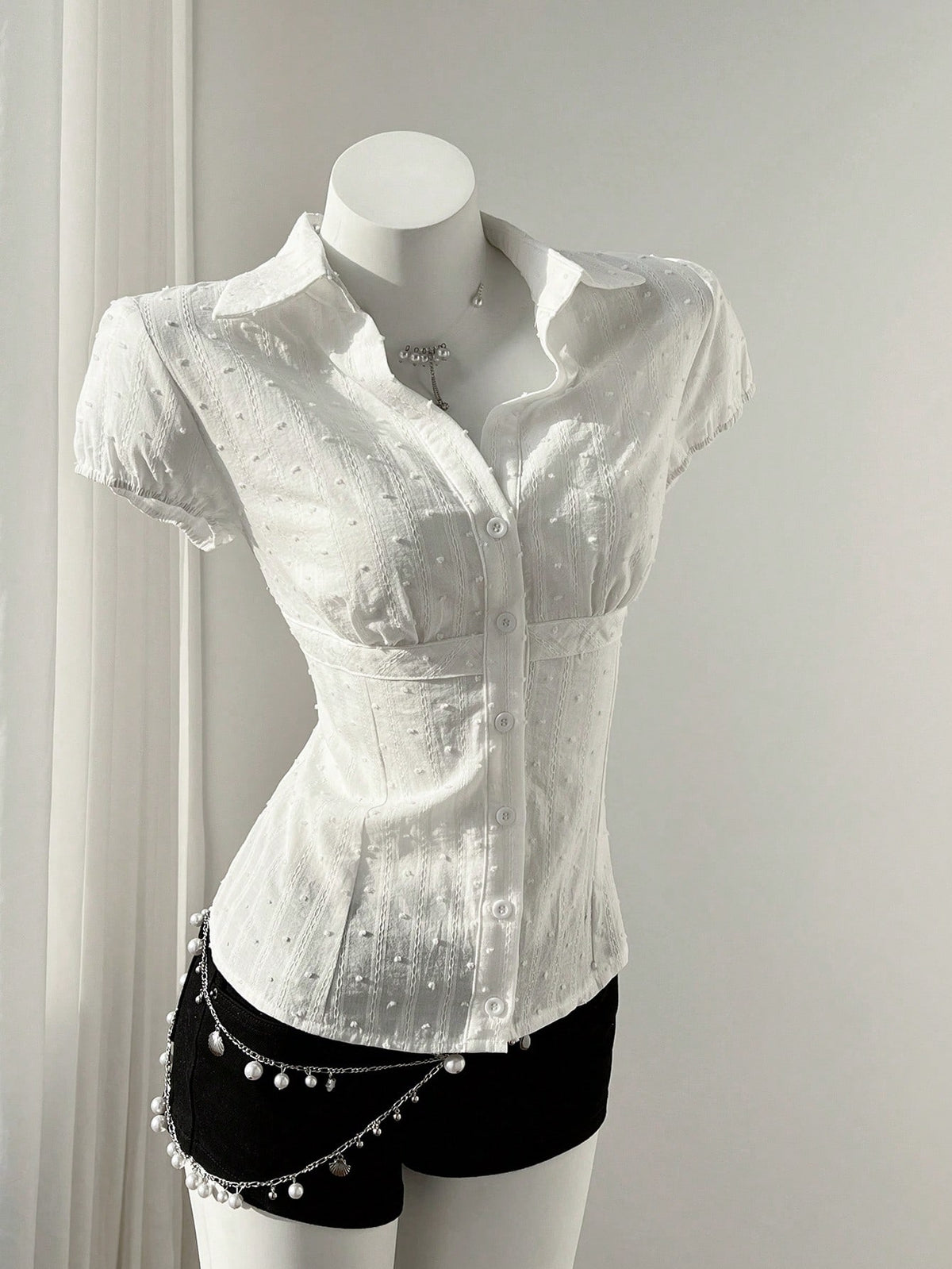 Flirla Elegant Women's White Woven Fabric Short Sleeve Shirt Casual Plain With Ruched Bust Detail