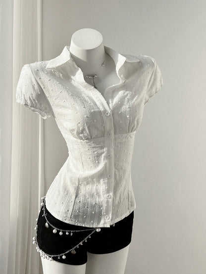 Flirla Elegant Women's White Woven Fabric Short Sleeve Shirt Casual Plain With Ruched Bust Detail
