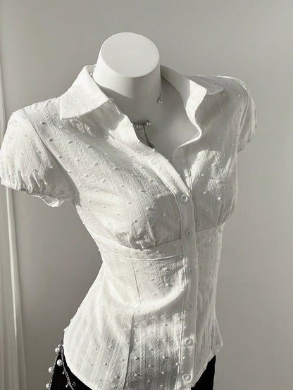 Flirla Elegant Women's White Woven Fabric Short Sleeve Shirt Casual Plain With Ruched Bust Detail