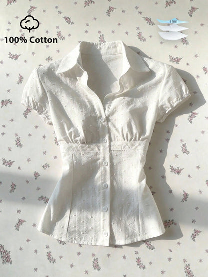 Flirla Elegant Women's White Woven Fabric Short Sleeve Shirt Casual Plain With Ruched Bust Detail