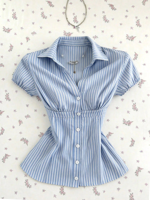Flirla Women's Blue White Stripe Collared V-Neck Short Sleeve Blouse,Summer Elegant And Classy School Back-To-School Striped Shirt Camisas For Women