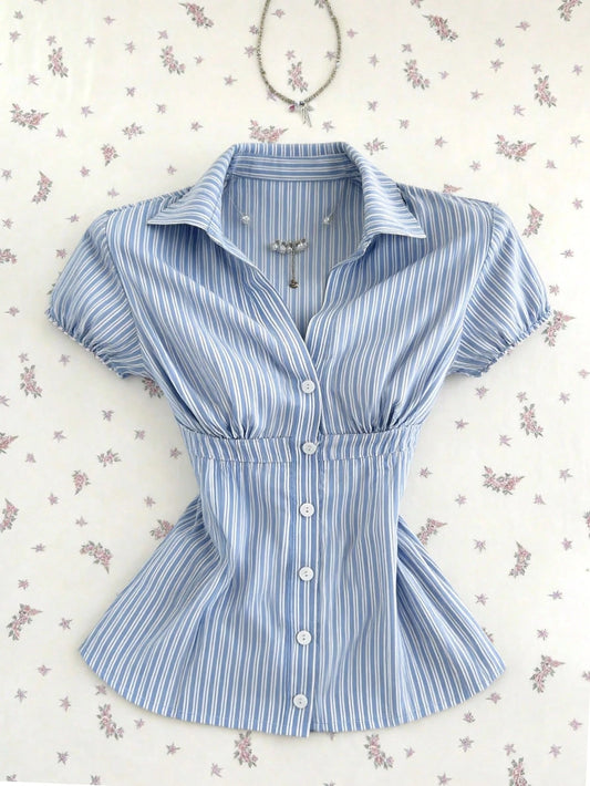 Flirla Women's Blue White Stripe Collared V-Neck Short Sleeve Blouse,Summer Elegant And Classy School Back-To-School Striped Shirt Camisas For Women