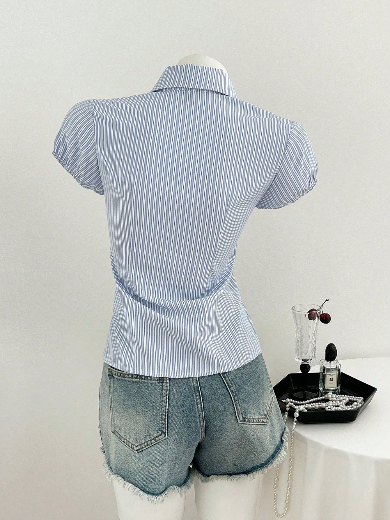 Flirla Women's Blue White Stripe Collared V-Neck Short Sleeve Blouse,Summer Elegant And Classy School Back-To-School Striped Shirt Camisas For Women