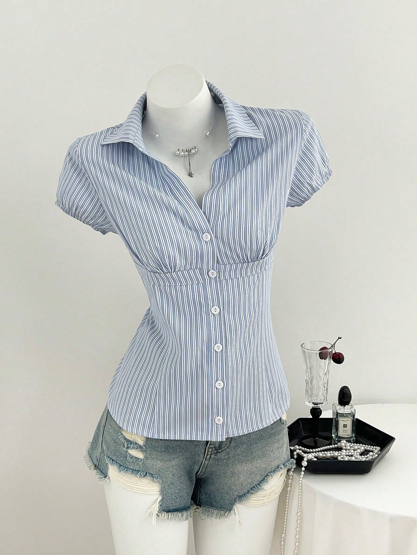 Flirla Women's Blue White Stripe Collared V-Neck Short Sleeve Blouse,Summer Elegant And Classy School Back-To-School Striped Shirt Camisas For Women
