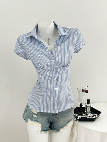 Flirla Women's Blue White Stripe Collared V-Neck Short Sleeve Blouse,Summer Elegant And Classy School Back-To-School Striped Shirt Camisas For Women