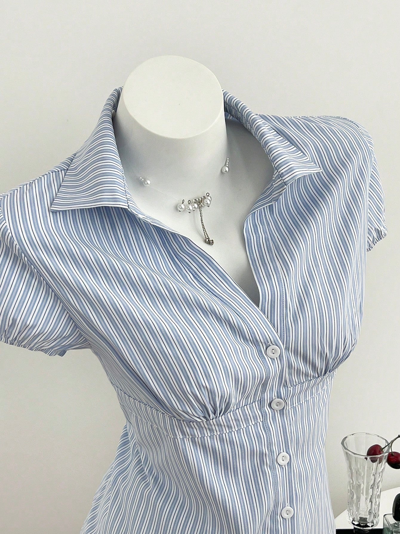 Flirla Women's Blue White Stripe Collared V-Neck Short Sleeve Blouse,Summer Elegant And Classy School Back-To-School Striped Shirt Camisas For Women