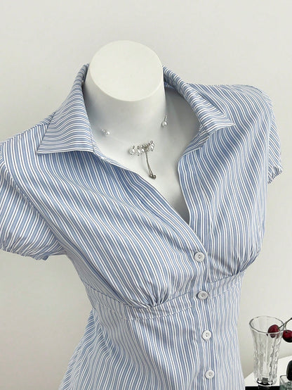 Flirla Women's Blue White Stripe Collared V-Neck Short Sleeve Blouse,Summer Elegant And Classy School Back-To-School Striped Shirt Camisas For Women