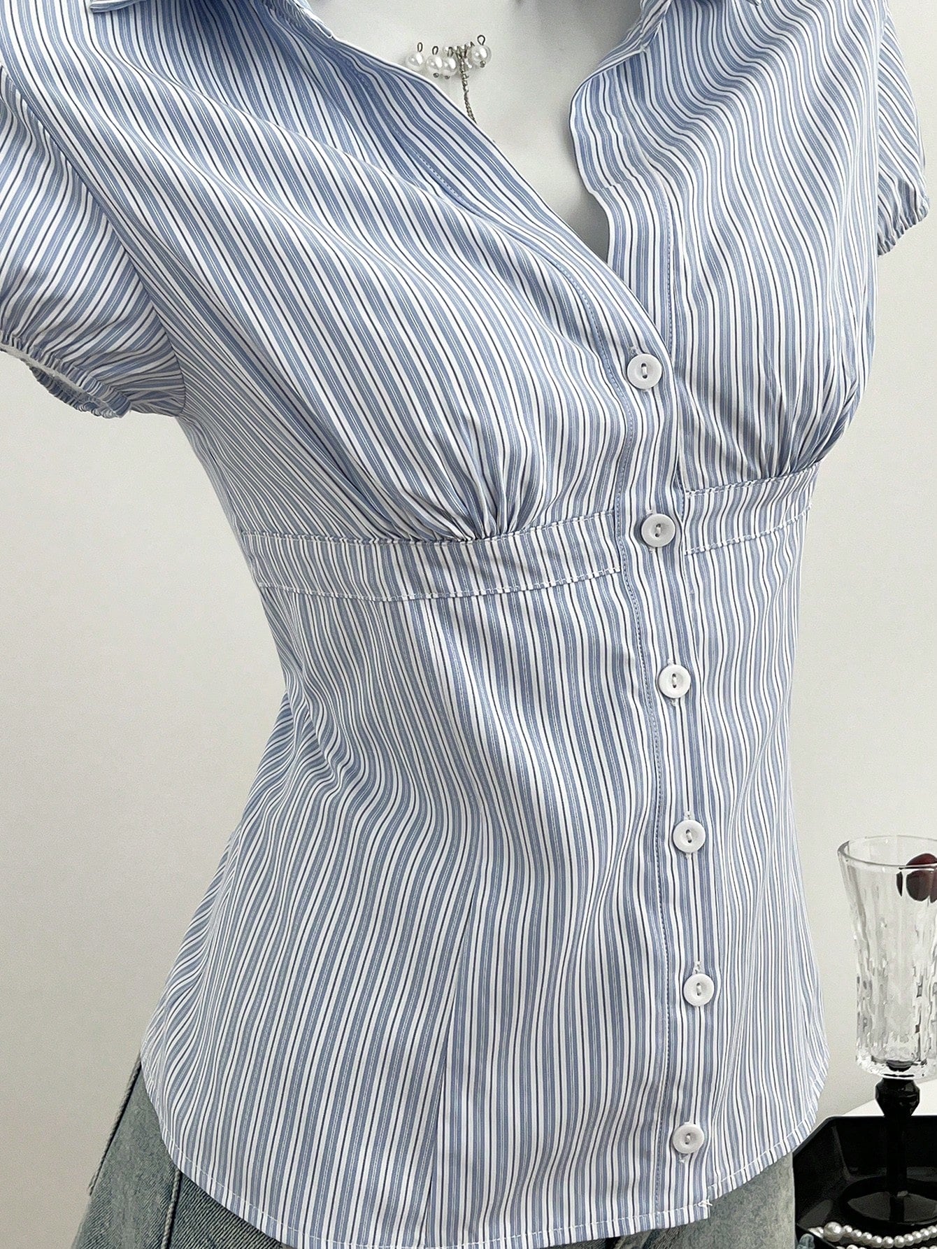Flirla Women's Blue White Stripe Collared V-Neck Short Sleeve Blouse,Summer Elegant And Classy School Back-To-School Striped Shirt Camisas For Women