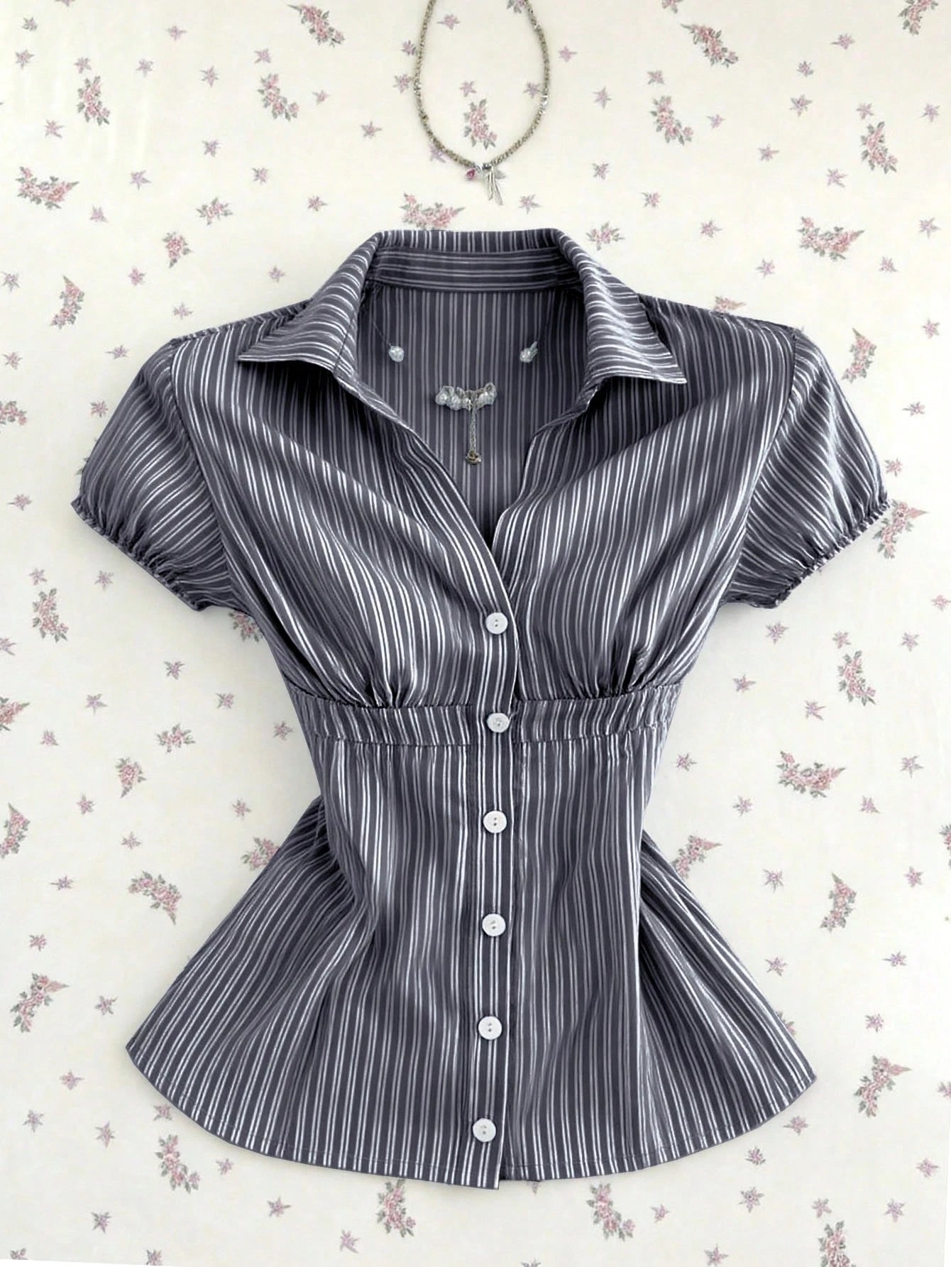 Flirla Women's Blue White Stripe Collared V-Neck Short Sleeve Blouse,Summer Elegant And Classy School Back-To-School Striped Shirt Camisas For Women