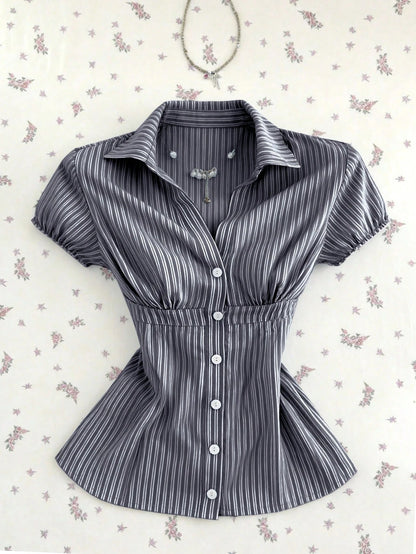 Flirla Women's Blue White Stripe Collared V-Neck Short Sleeve Blouse,Summer Elegant And Classy School Back-To-School Striped Shirt Camisas For Women