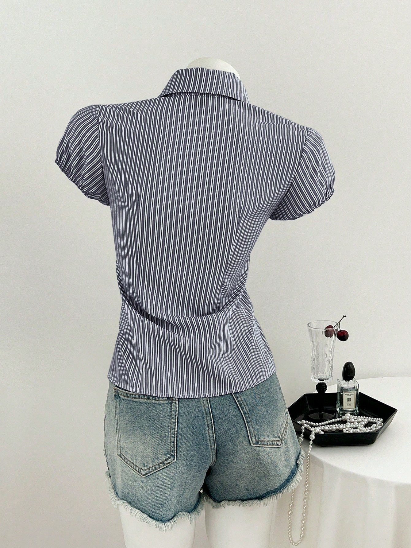 Flirla Women's Blue White Stripe Collared V-Neck Short Sleeve Blouse,Summer Elegant And Classy School Back-To-School Striped Shirt Camisas For Women