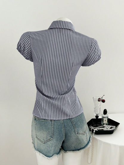 Flirla Women's Blue White Stripe Collared V-Neck Short Sleeve Blouse,Summer Elegant And Classy School Back-To-School Striped Shirt Camisas For Women