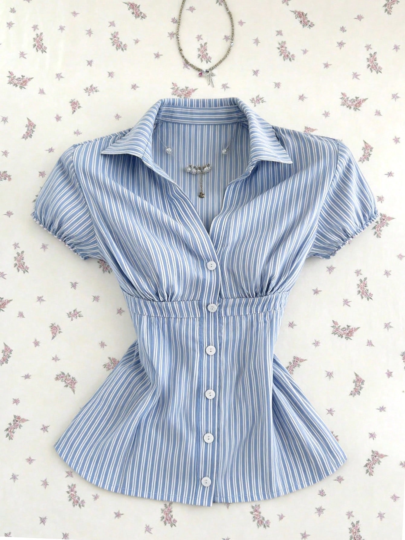Flirla Women's Blue White Stripe Collared V-Neck Short Sleeve Blouse,Summer Elegant And Classy School Back-To-School Striped Shirt Camisas For Women