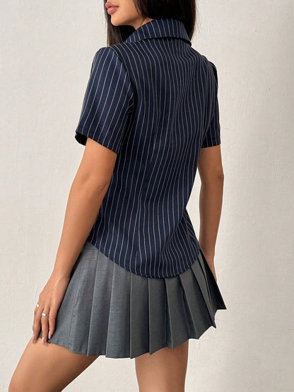 Flirla Women's Button-Down Short-Sleeved Striped Design Slim Fit Everyday Shirt,Short Sleeve Tops
