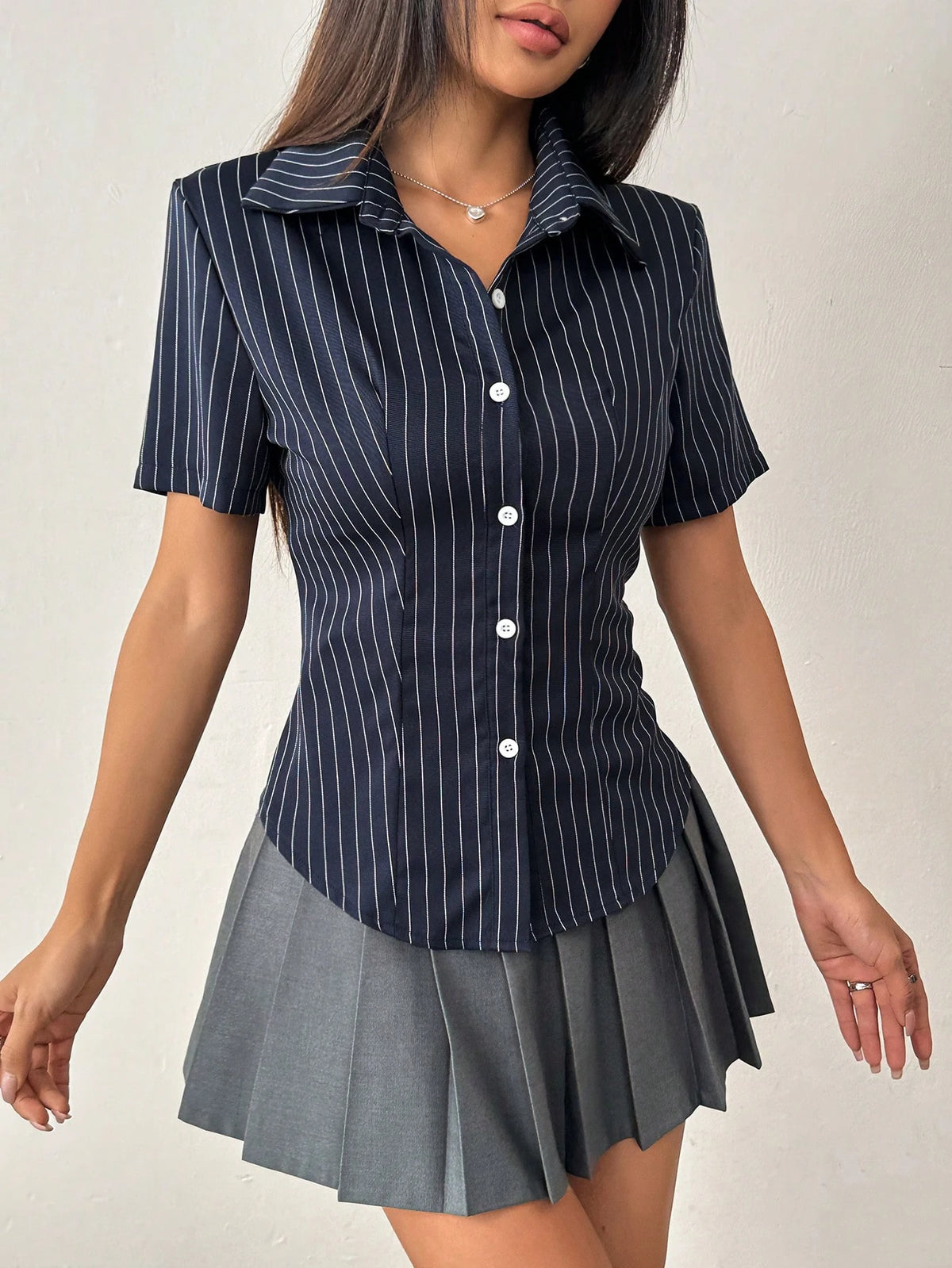 Flirla Women's Button-Down Short-Sleeved Striped Design Slim Fit Everyday Shirt,Short Sleeve Tops