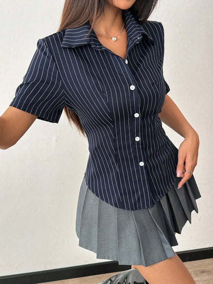 Flirla Women's Button-Down Short-Sleeved Striped Design Slim Fit Everyday Shirt,Short Sleeve Tops