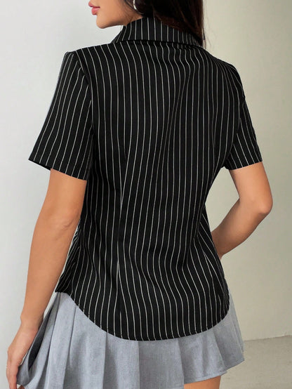 Flirla Women's Button-Down Short-Sleeved Striped Design Slim Fit Everyday Shirt,Short Sleeve Tops