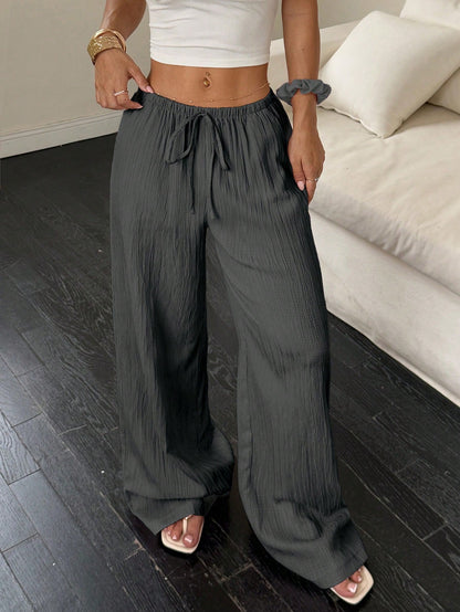 Flirla Women's Textured Fabric Low Waist Wide Leg Pants With Drawstring And Pockets, Casual Trousers Fall Cloth For Women