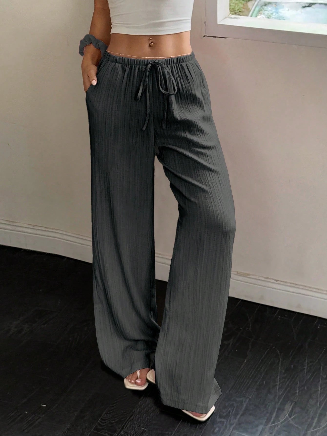 Flirla Women's Textured Fabric Low Waist Wide Leg Pants With Drawstring And Pockets, Casual Trousers Fall Cloth For Women
