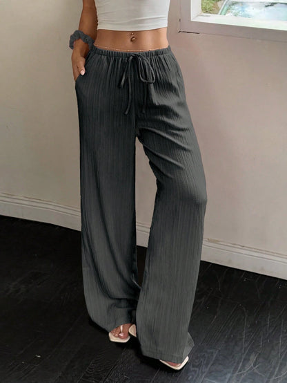 Flirla Women's Textured Fabric Low Waist Wide Leg Pants With Drawstring And Pockets, Casual Trousers Fall Cloth For Women
