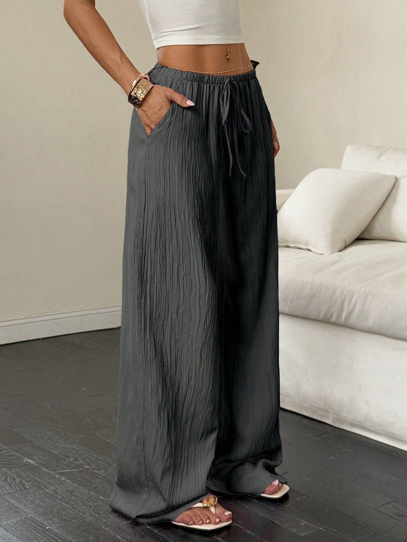 Flirla Women's Textured Fabric Low Waist Wide Leg Pants With Drawstring And Pockets, Casual Trousers Fall Cloth For Women