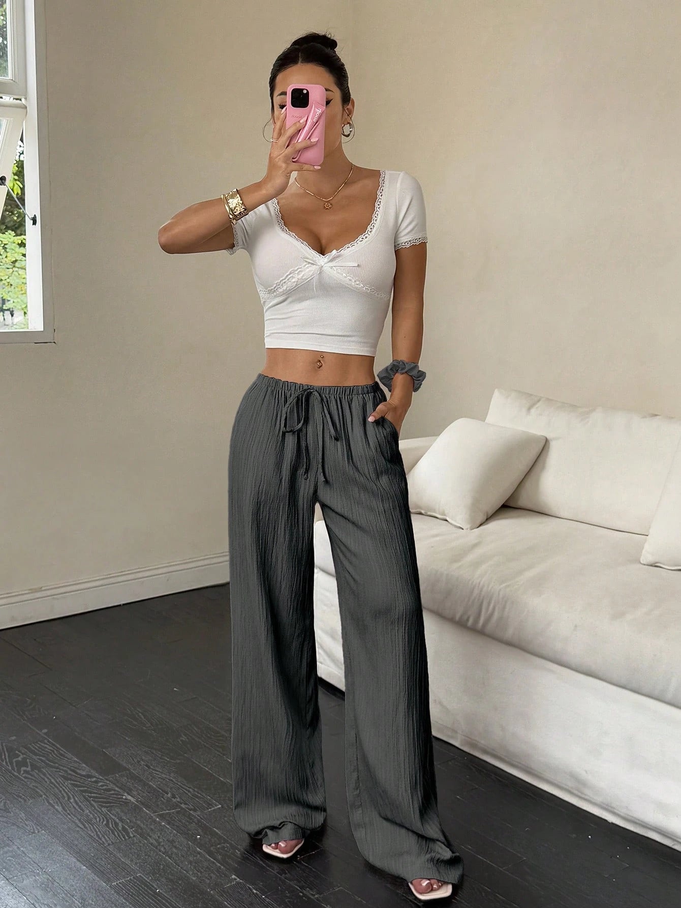 Flirla Women's Textured Fabric Low Waist Wide Leg Pants With Drawstring And Pockets, Casual Trousers Fall Cloth For Women