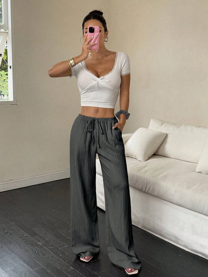 Flirla Women's Textured Fabric Low Waist Wide Leg Pants With Drawstring And Pockets, Casual Trousers Fall Cloth For Women