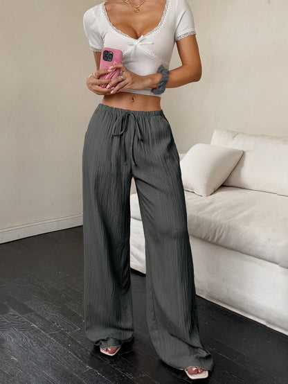 Flirla Women's Textured Fabric Low Waist Wide Leg Pants With Drawstring And Pockets, Casual Trousers Fall Cloth For Women