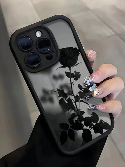 Flower TPU Black Fashion Phone Premium Case 1pc Black Rose Pattern Full Coverage Shockproof Phone Case Compatible With Apple 16, 15, 14, 13, 12, 11 Pro Max Waterproof Anti-Fall Scratch Resistant Inte