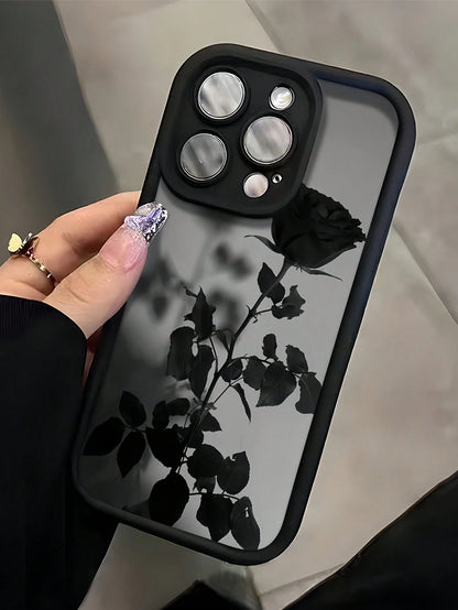 Flower TPU Black Fashion Phone Premium Case 1pc Black Rose Pattern Full Coverage Shockproof Phone Case Compatible With Apple 16, 15, 14, 13, 12, 11 Pro Max Waterproof Anti-Fall Scratch Resistant Inte