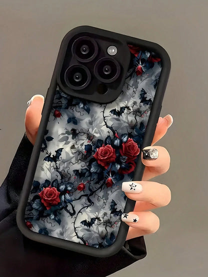 Flower TPU Black Fashion Phone Premium Case 1pc Black Rose Pattern Full Coverage Shockproof Phone Case Compatible With Apple 16, 15, 14, 13, 12, 11 Pro Max Waterproof Anti-Fall Scratch Resistant Inte