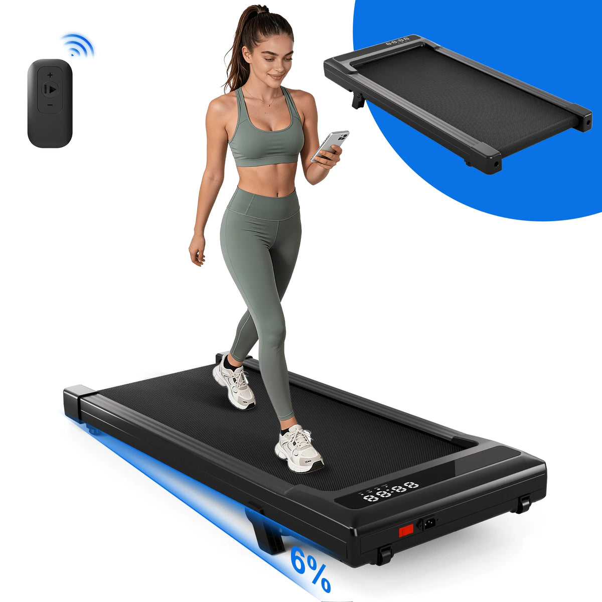 Foldable 6% Slope Under Desk Treadmills 2.5 HP Quiet Walking Pad Portable Remote Control LED Display 300LBS Exercise Walkingpad