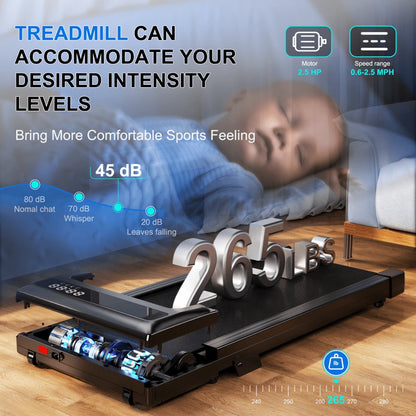 Foldable 6% Slope Under Desk Treadmills 2.5 HP Quiet Walking Pad Portable Remote Control LED Display 300LBS Exercise Walkingpad