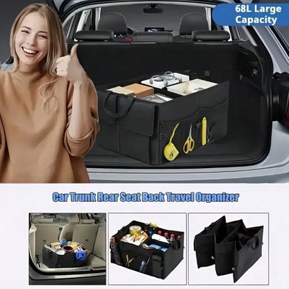 Foldable Car Trunk Organizer With 3 Compartments- Large Capacity, Sturdy Mesh Design For Tools, Accessories & Sundries, Fit For Cars
