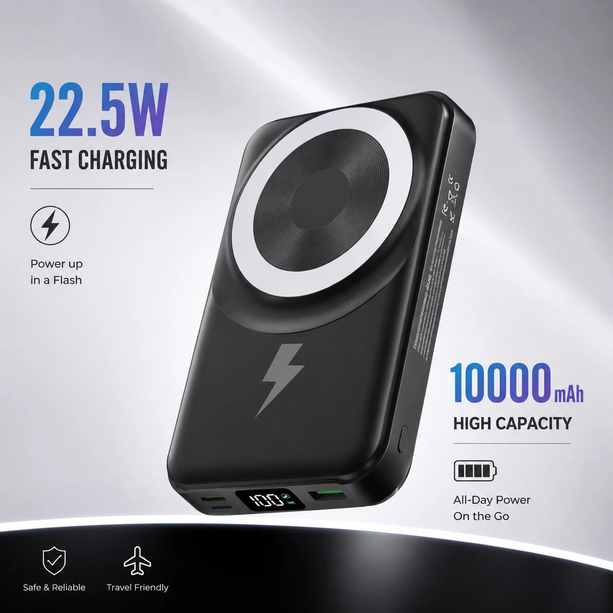 Foldable Magnetic Battery Pack 10000mAh With Built-In Cables, 15W Wireless Charging 22.5W Fast Charging LED Digital Display, Travel Essentials Camping Essentials Back To School Supplies College Essent