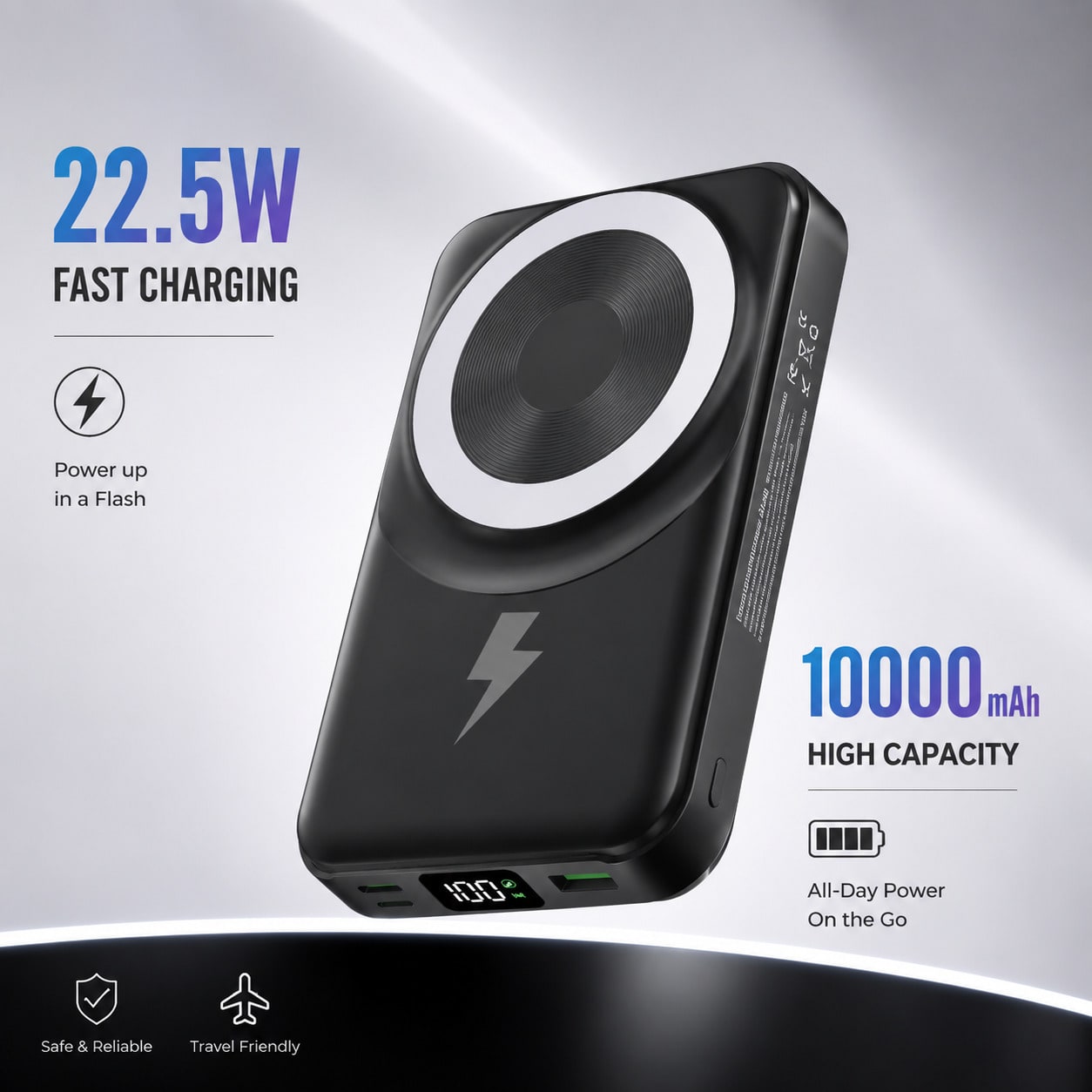 Foldable Magnetic Battery Pack 10000mAh With Built-In Cables, 15W Wireless Charging 22.5W Fast Charging LED Digital Display, Travel Essentials Camping Essentials Back To School Supplies College Essent