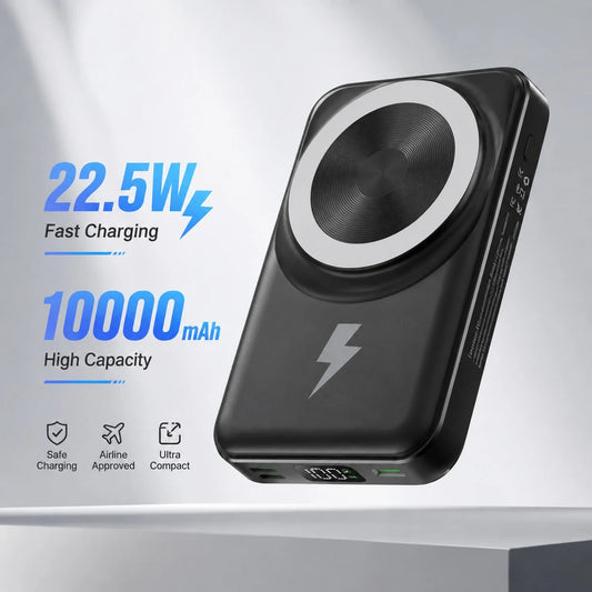 Foldable Magnetic Wireless Charger 10000mAh Power Bank, Dual Built-In Cables 15W Magnetic Charging 22.5W Fast Charging LED Indicator, Travel Essentials Camping Essentials College Dorm Essentials Back